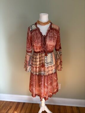 Miss Me Rust and Cream Patchwork Tie-Front Tiered Dress